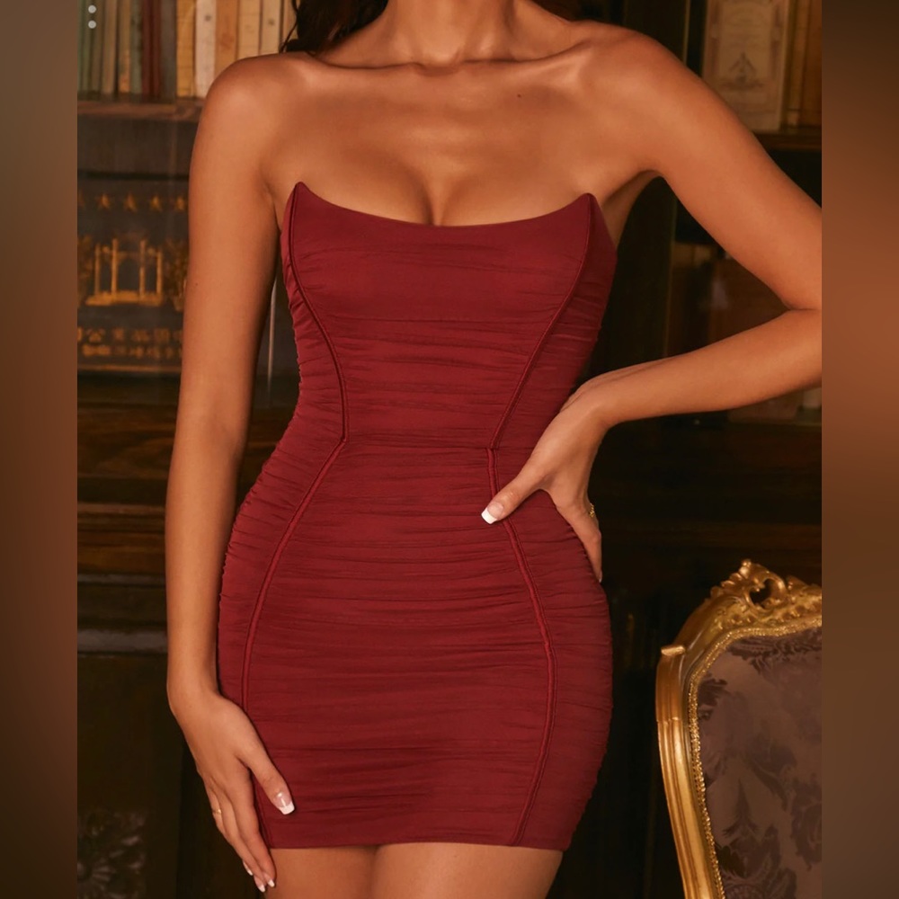 Bewitching Ruched Mesh Bandeau Mini Dress in Burgundy
